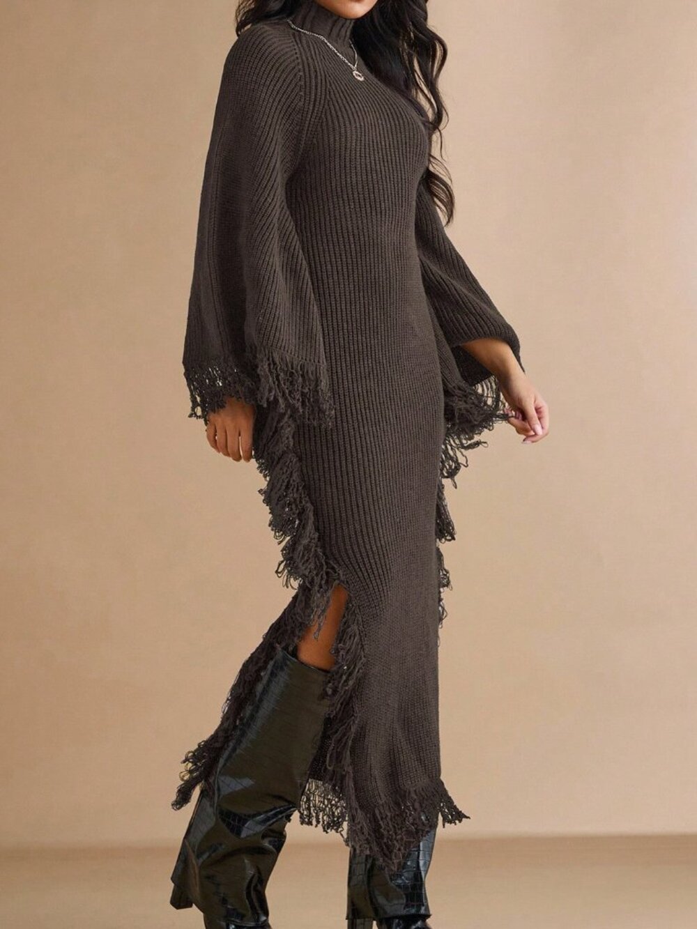 Coffee Brown Casual Women's Stand Collar Fringe Decor Side Slit Dress - Picture 5 of 6